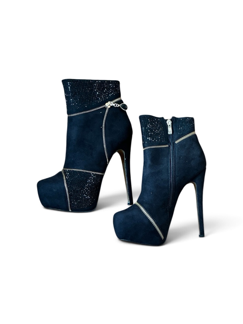 BEBE Black Suede High Heel Ankle Boots with Gold Accents